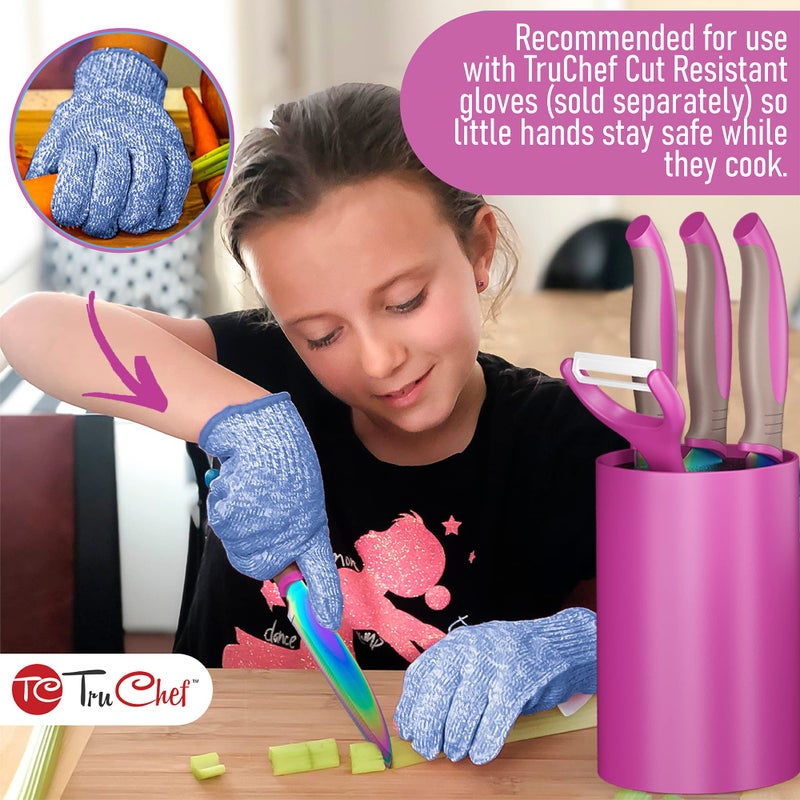 TruChef 5-Piece Kids Knife Set for Real Cooking | Stainless Steel Chef, Paring & Serrated Knives with Peeler & Holder | Safe Junior Chef Cooking Set for Kids (5 pcs, Pink) - Image 4